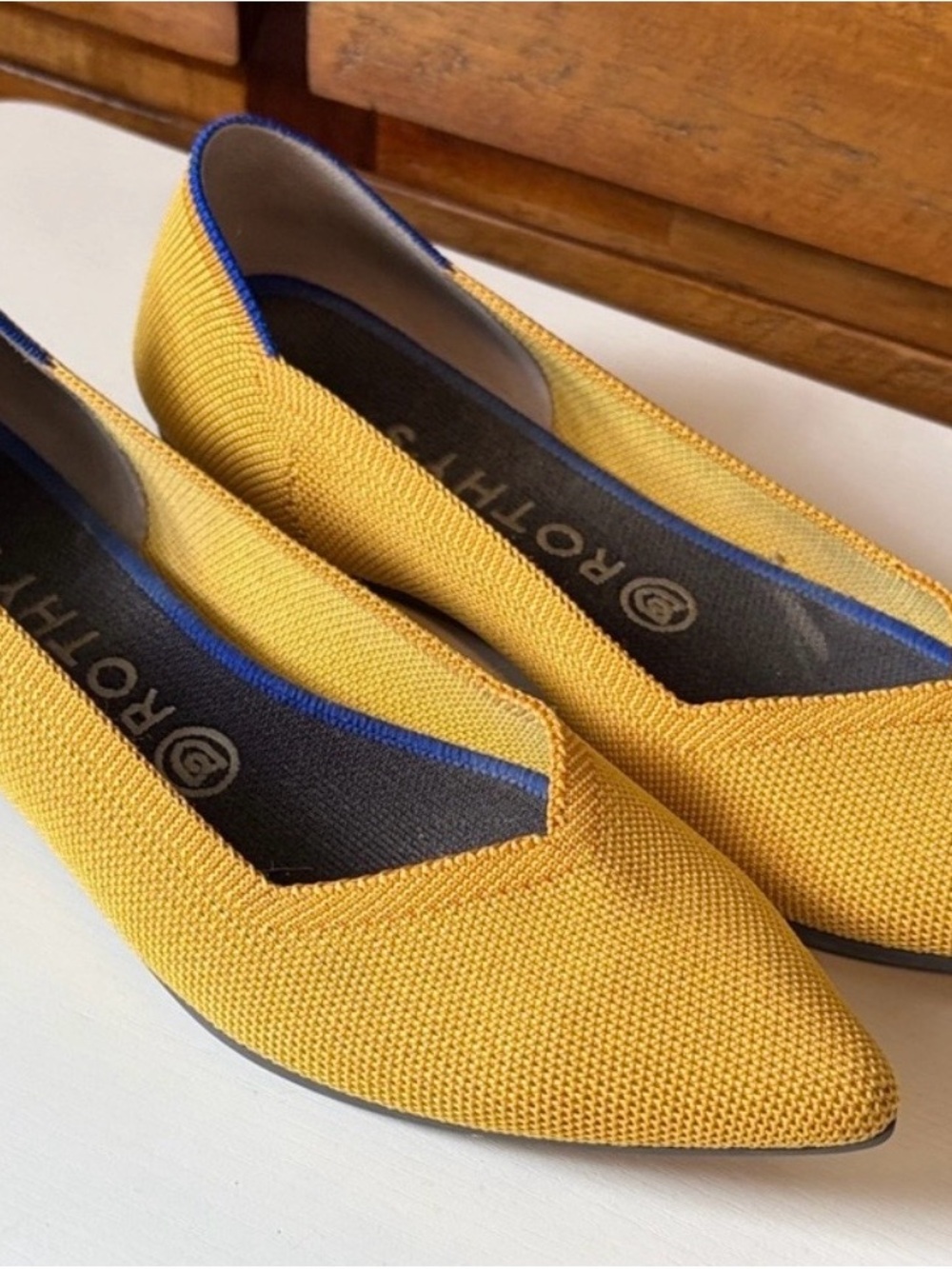 Rothy's Yellow Pointed-Toe Knit Flats with Blue Trim